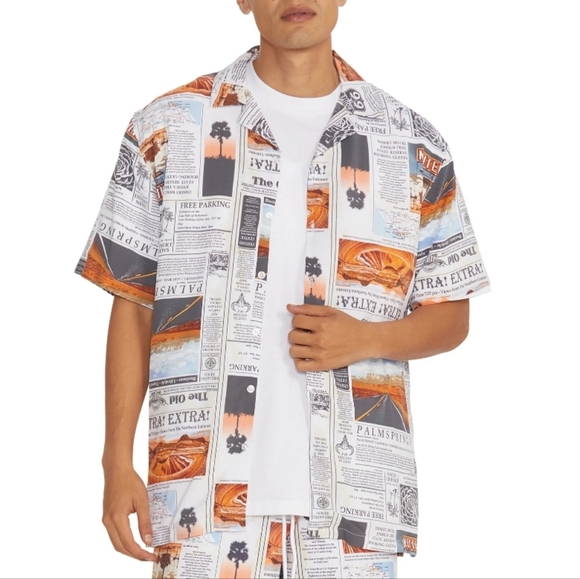 {No Boundaries} Men's Print Button Up Shirt with Short Sleeves - Picture 1 of 16